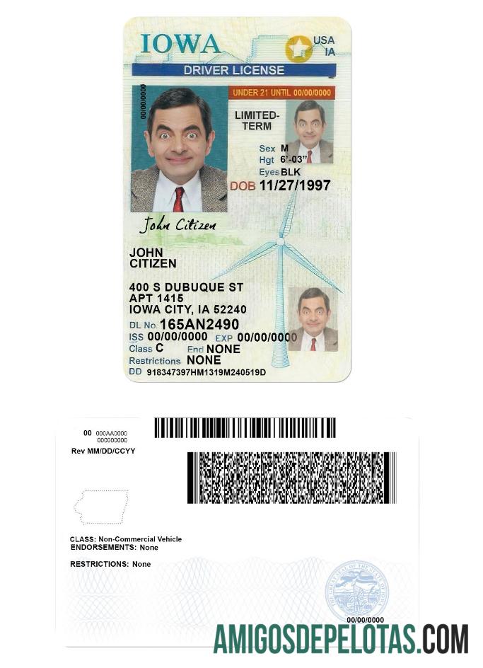 Carta de condução de Iowa nos EUA com menos de 21 anos exemplo